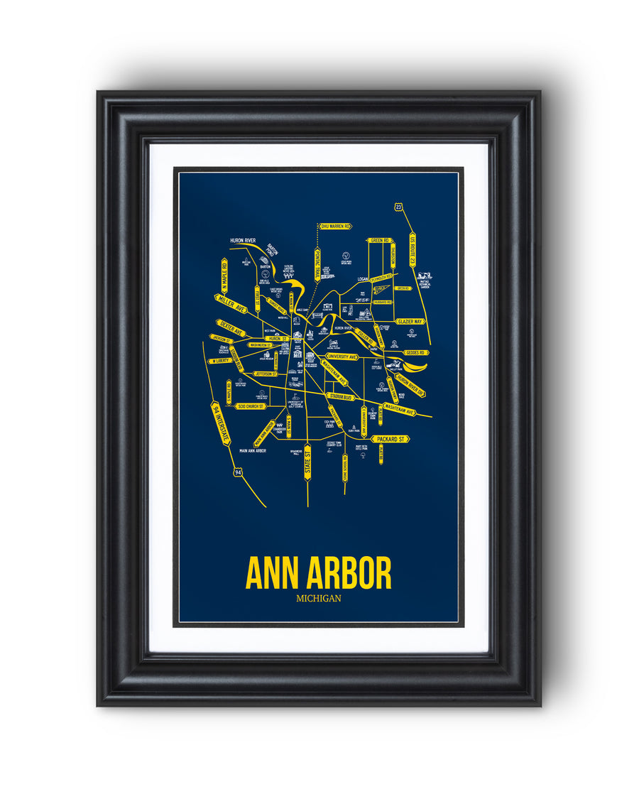 Ann Arbor, Michigan Street Map – College Town Wall Art, Framed or Unframed Print, Dorm Room or Graduation Gift