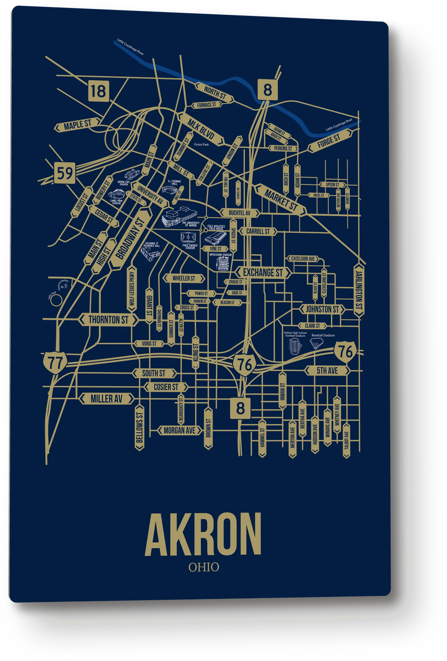 Akron, Ohio street map: the 12x18 metal plate on the wall, school colors