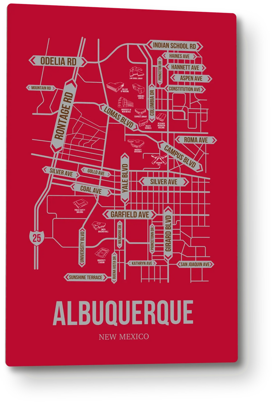 Albuquerque, New Mexico street map: the 12x18 metal plate on the wall, school colors