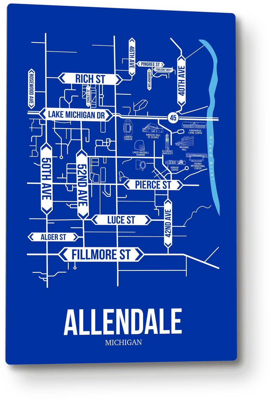 Allendale, Michigan street map: the 12x18 metal plate on the wall, school colors