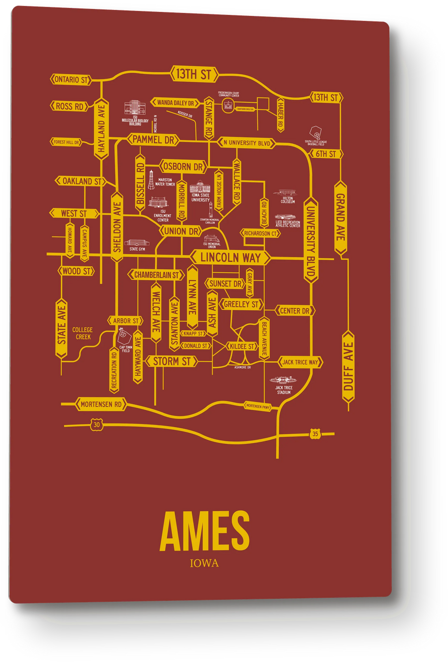 Ames, Iowa street map: the 12x18 metal plate on the wall, school colors