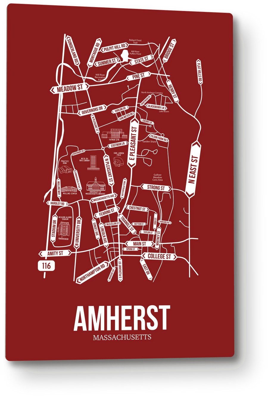 Amherst, Massachusetts street map: the 12x18 metal plate on the wall, school colors