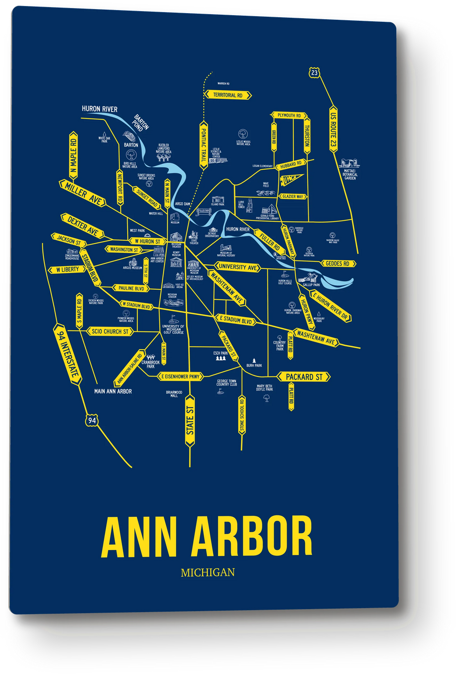 Ann Arbor, Michigan street map: the 12x18 metal plate on the wall, school colors