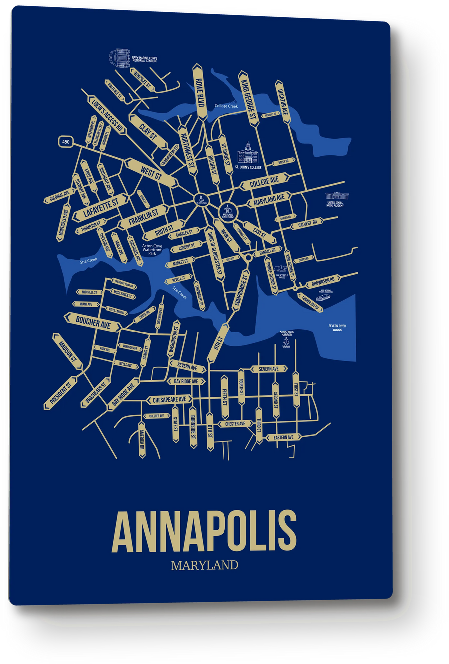 Annapolis, Maryland street map: the 12x18 metal plate on the wall, school colors