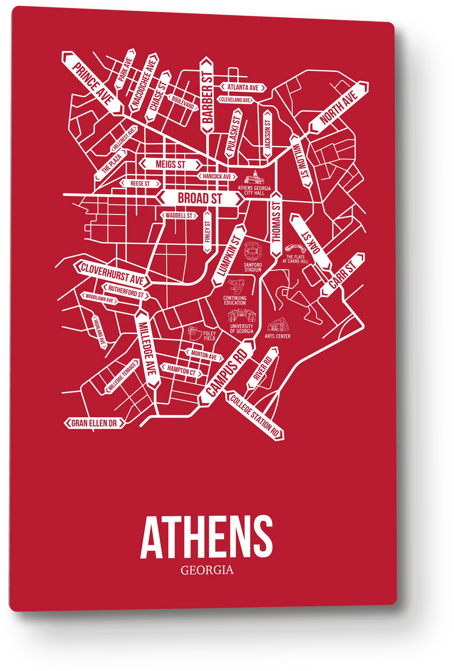 Athens, Georgia street map: the 12x18 metal plate on the wall, school colors