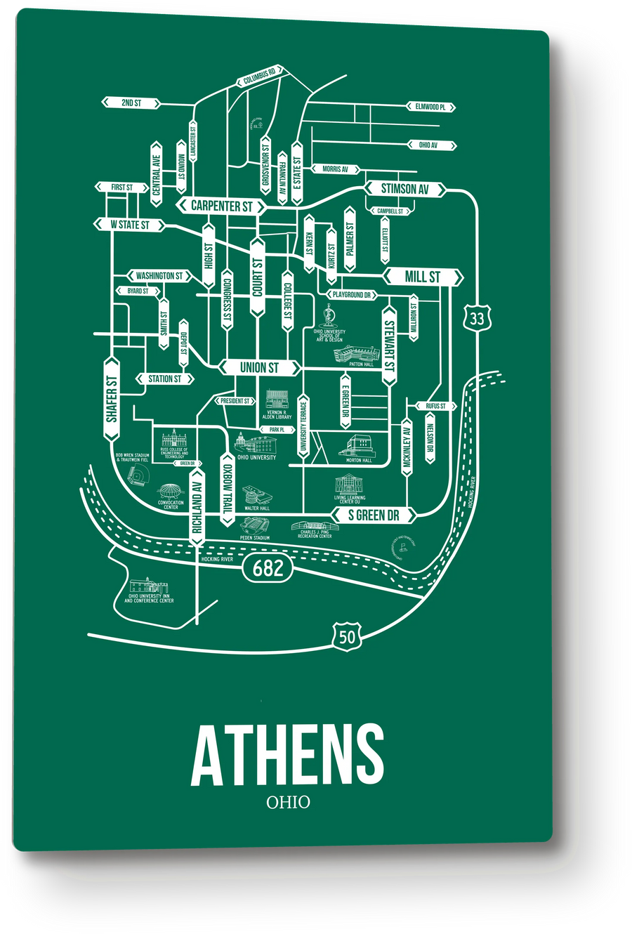 Athens, Ohio street map: the 12x18 metal plate on the wall, school colors