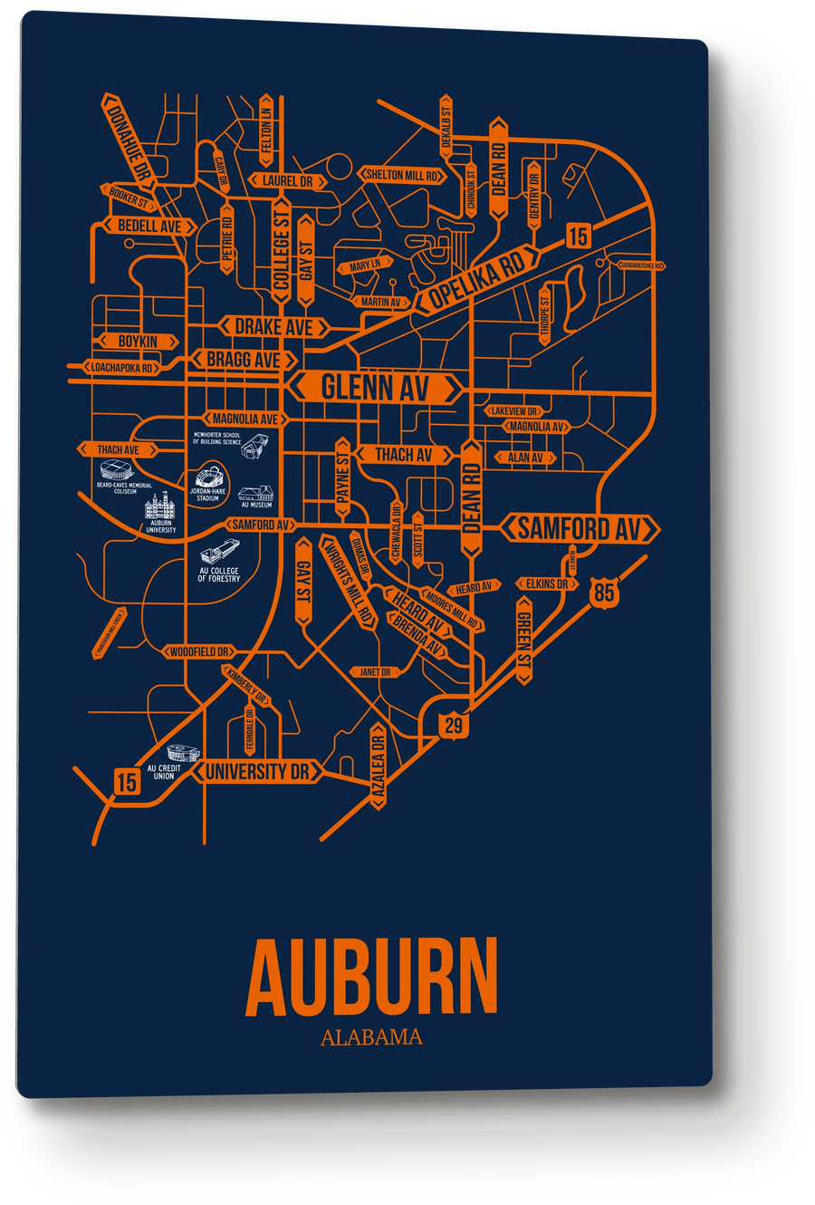 Auburn, Alabama street map: the 12x18 metal plate on the wall, school colors