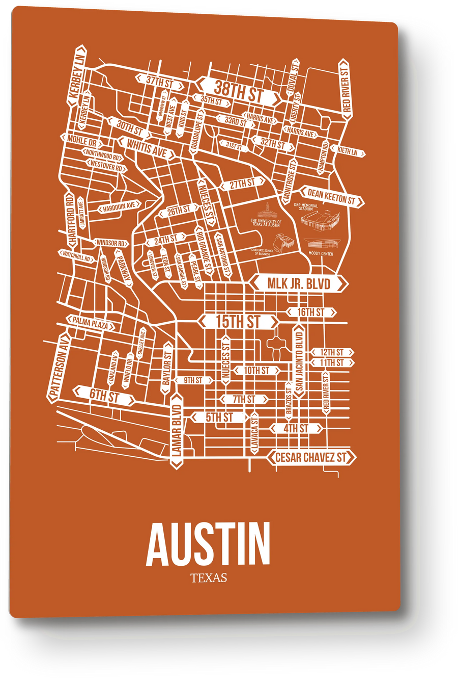 Austin, Texas street map: the 12x18 metal plate on the wall, school colors