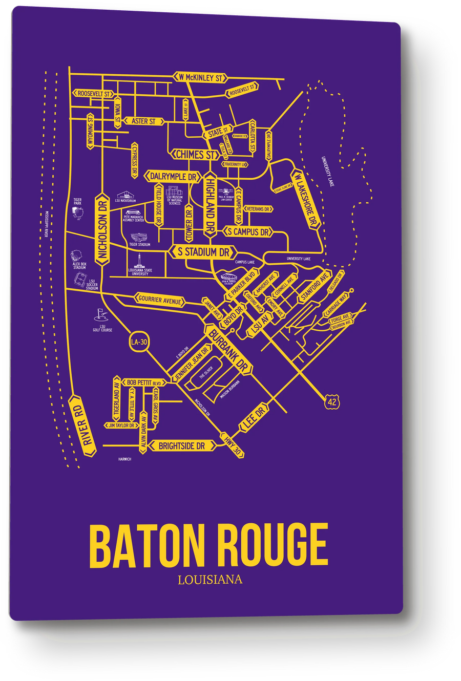 Baton Rouge, Louisiana street map: the 12x18 metal plate on the wall, school colors