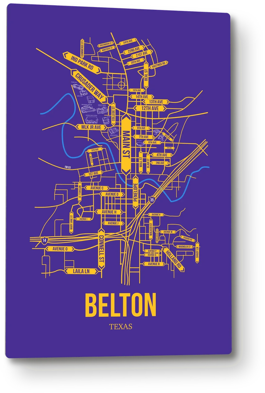 Belton, Texas street map: the 12x18 metal plate on the wall, school colors