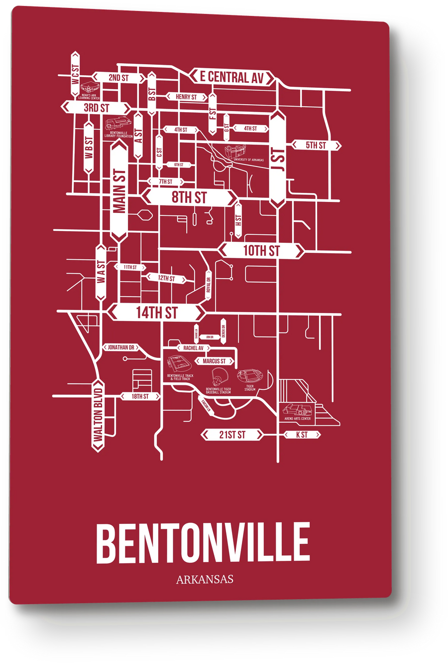 Bentonville, Arkansas street map: the 12x18 metal plate on the wall, school colors