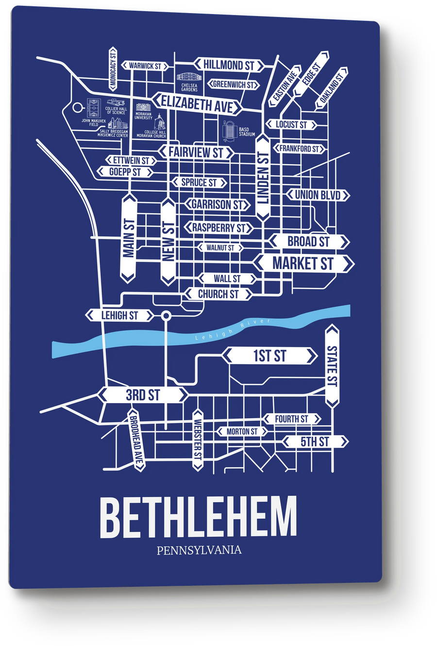 Bethlehem, Pennsylvania street map: the 12x18 metal plate on the wall, school colors
