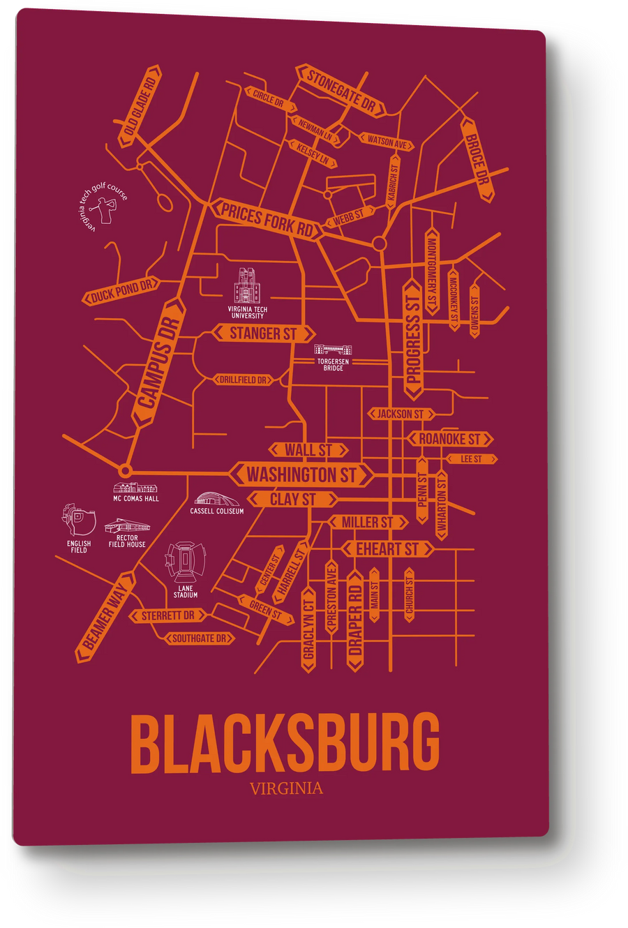 Blacksburg, Virginia street map: the 12x18 metal plate on the wall, school colors