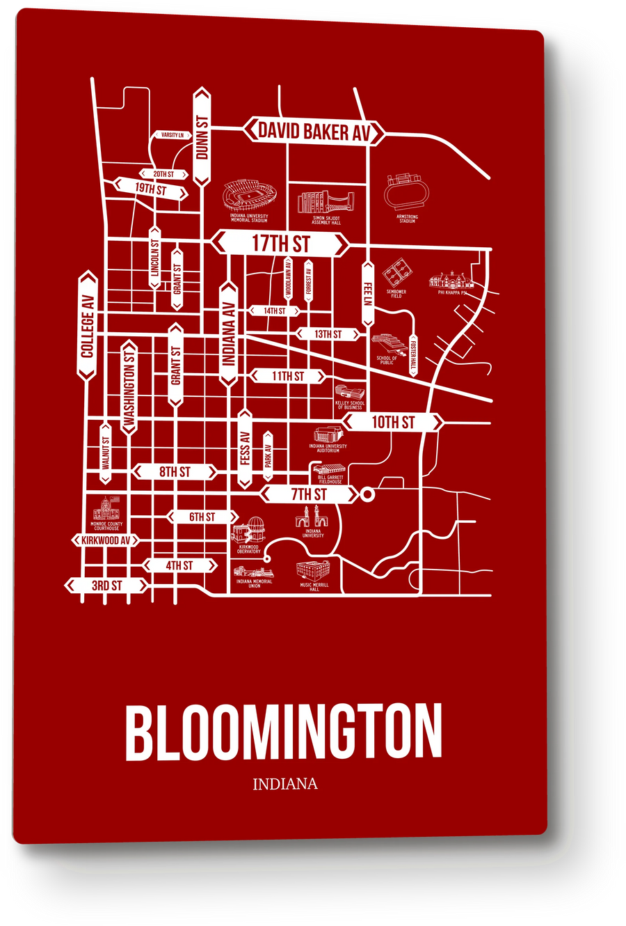Bloomington, Indiana street map: the 12x18 metal plate on the wall, school colors