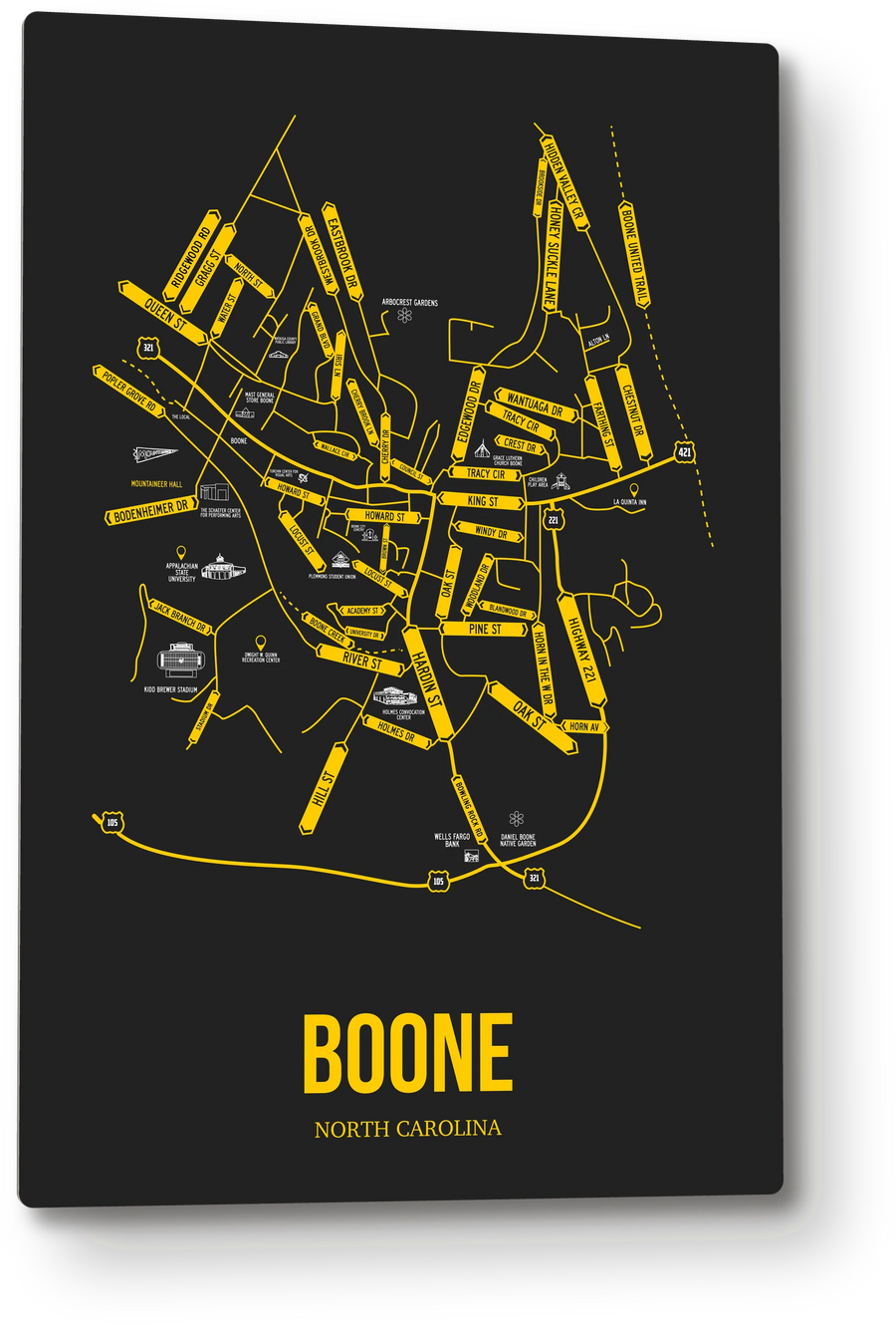 Boone, North Carolina street map: the 12x18 metal plate on the wall, school colors