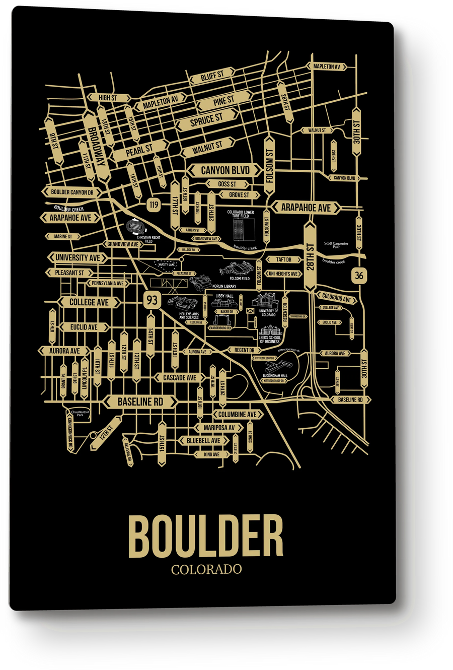 Boulder, Colorado street map: the 12x18 metal plate on the wall, school colors