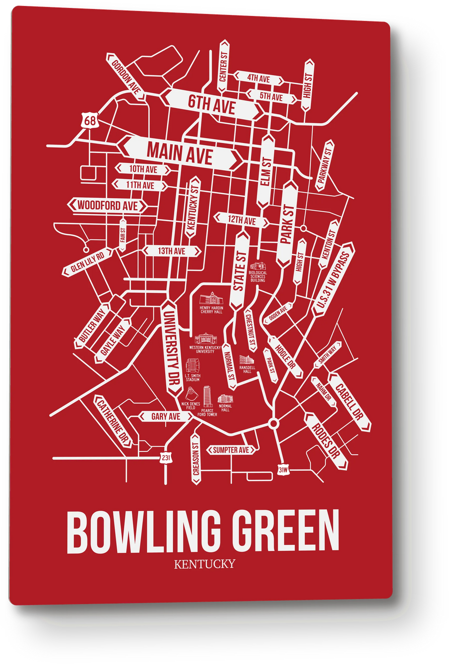 Bowling Green, Kentucky street map: the 12x18 metal plate on the wall, school colors