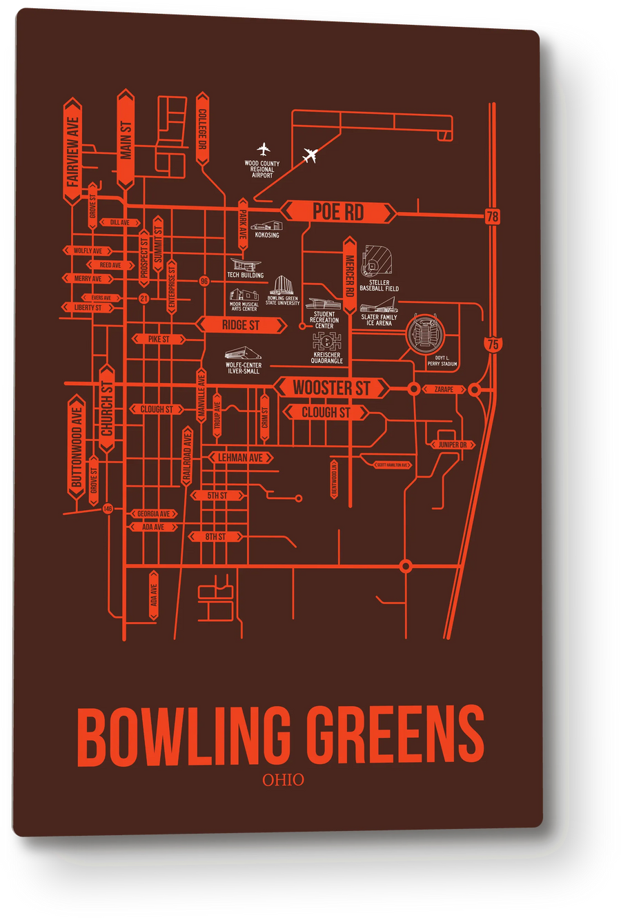 Bowling Green, Ohio street map: the 12x18 metal plate on the wall, school colors