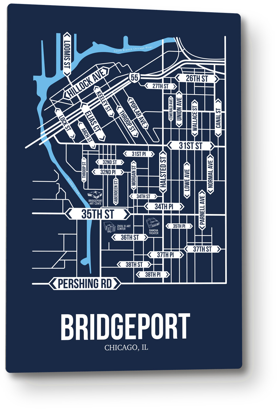 Bridgeport, Chicago, IL street map: the 12x18 metal plate on the wall, school colors