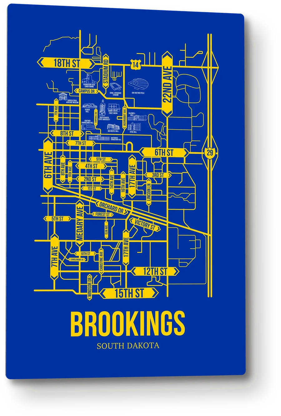 Brookings, South Dakota street map: the 12x18 metal plate on the wall, school colors