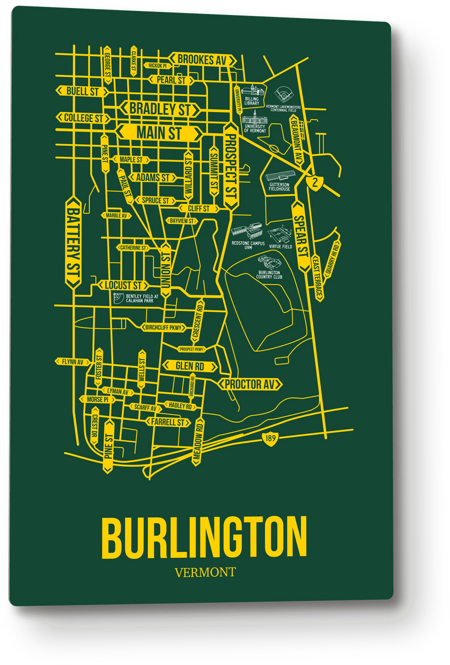 Burlington, Vermont street map: the 12x18 metal plate on the wall, school colors