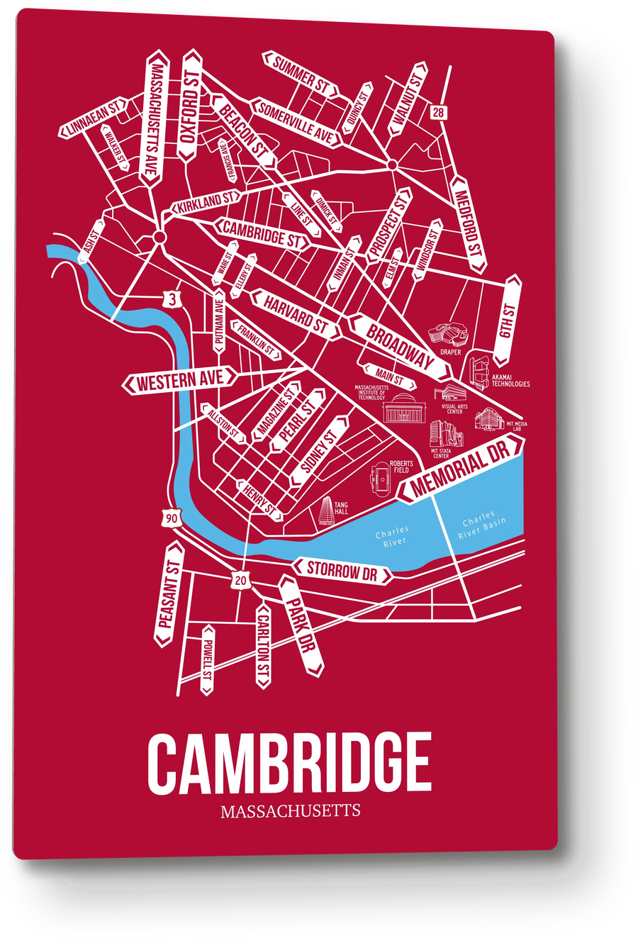 Cambridge, Massachusetts street map: the 12x18 metal plate on the wall, school colors