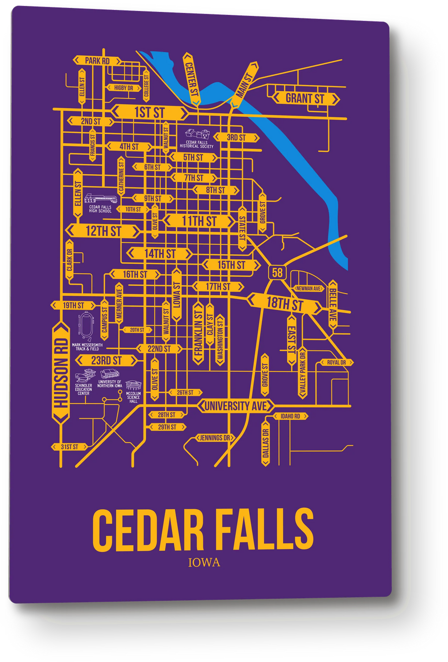 Cedar Falls, Iowa street map: the 12x18 metal plate on the wall, school colors