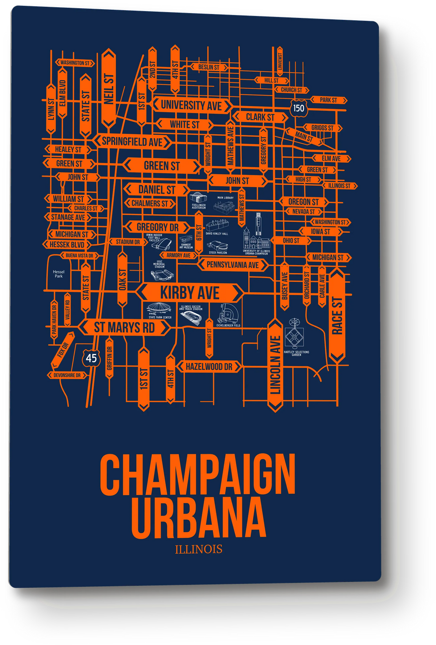 Champaign Urbana, Illinois street map: the 12x18 metal plate on the wall, school colors