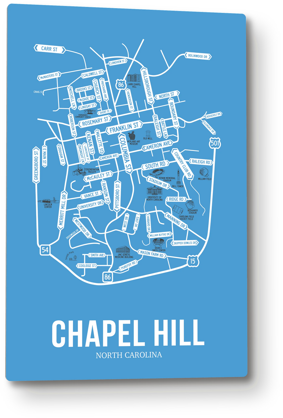 Chapel Hill, North Carolina street map: the 12x18 metal plate on the wall, school colors