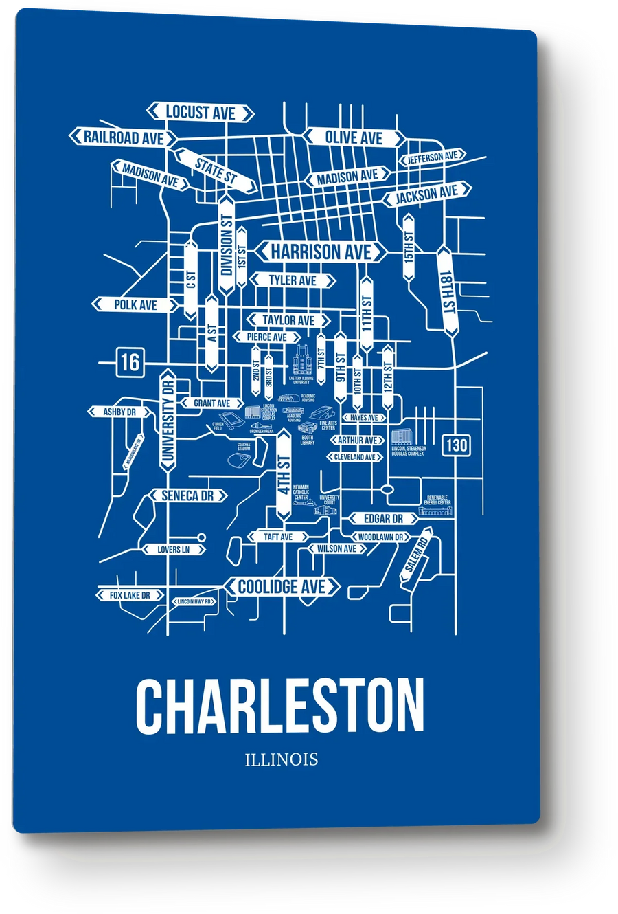 Charleston, Illinois street map: the 12x18 metal plate on the wall, school colors