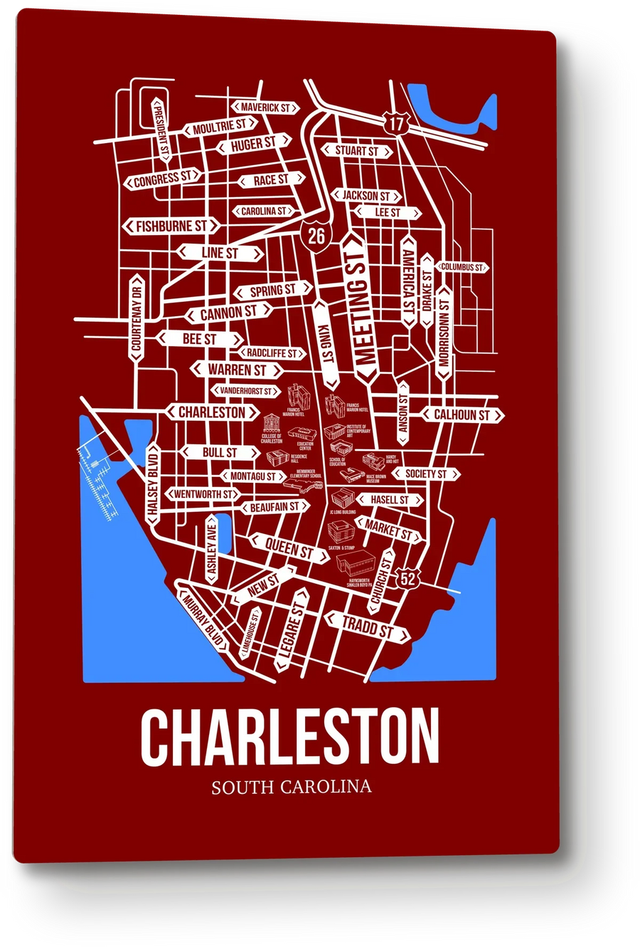 Charleston, South Carolina street map: the 12x18 metal plate on the wall, school colors