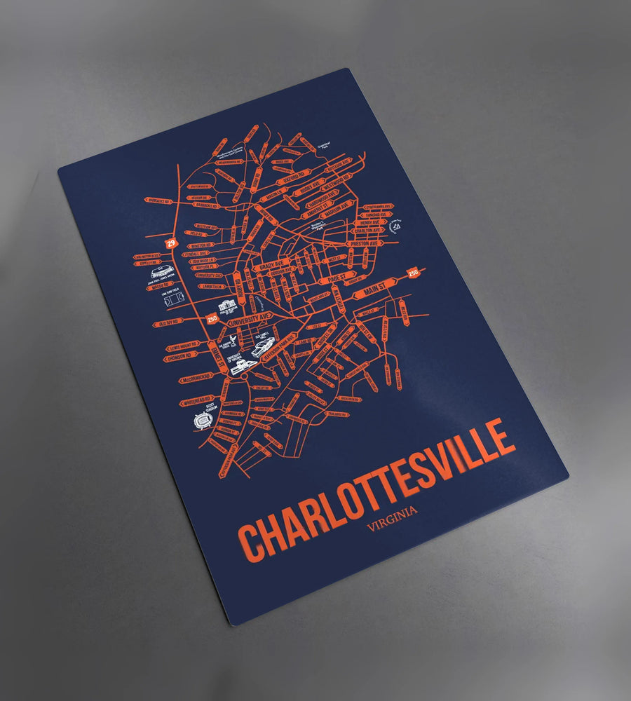 Charlottesville, Virginia street map: the metal plate, photographed