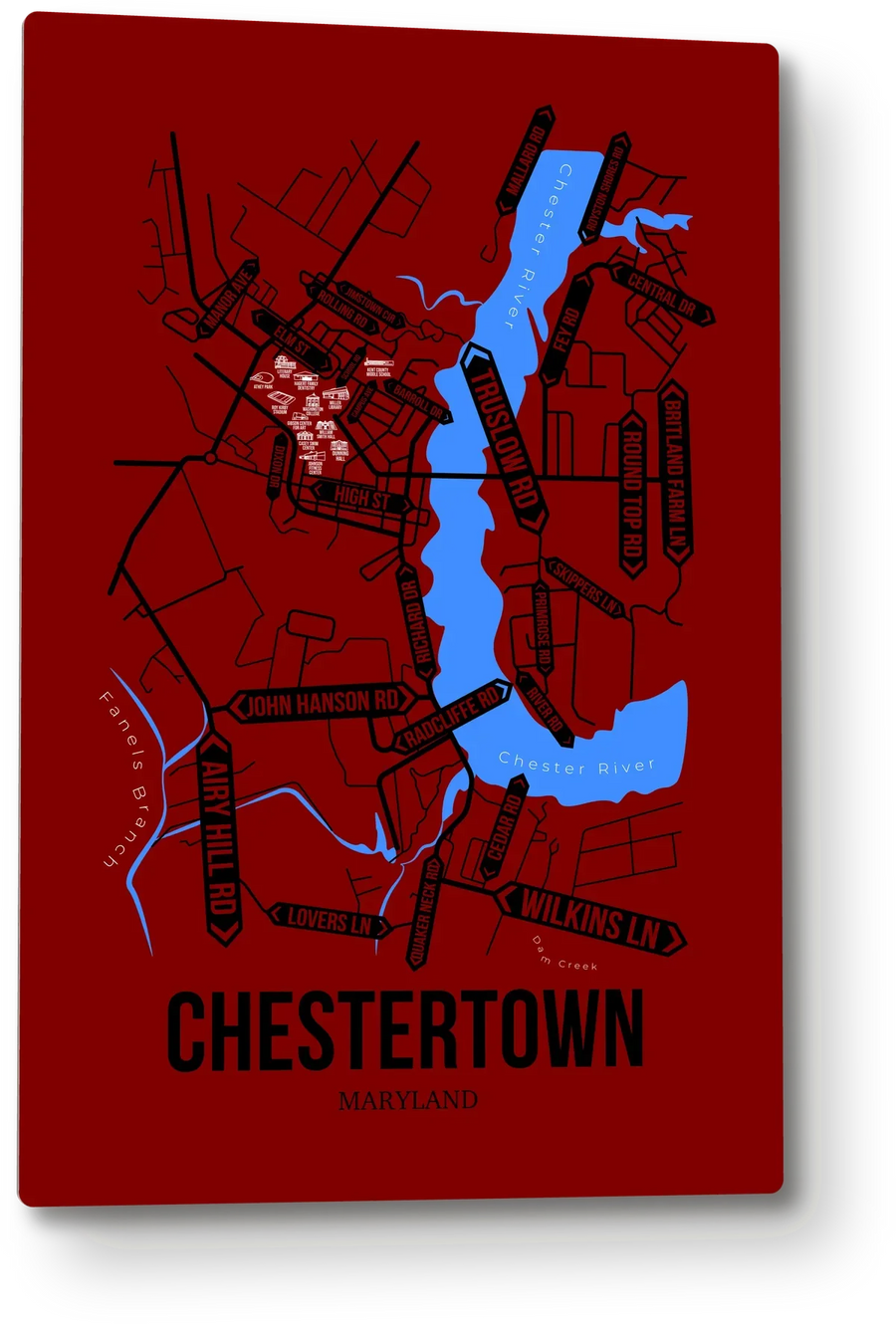 Chestertown, Maryland street map: the 12x18 metal plate on the wall, school colors