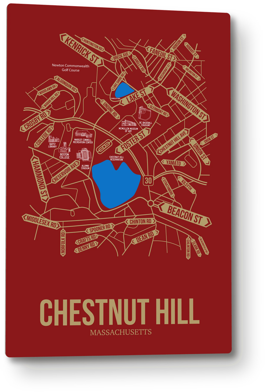 Chestnut Hill, Massachusetts street map: the 12x18 metal plate on the wall, school colors