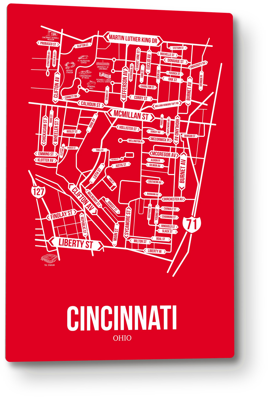 Cincinnati, Ohio street map: the 12x18 metal plate on the wall, school colors