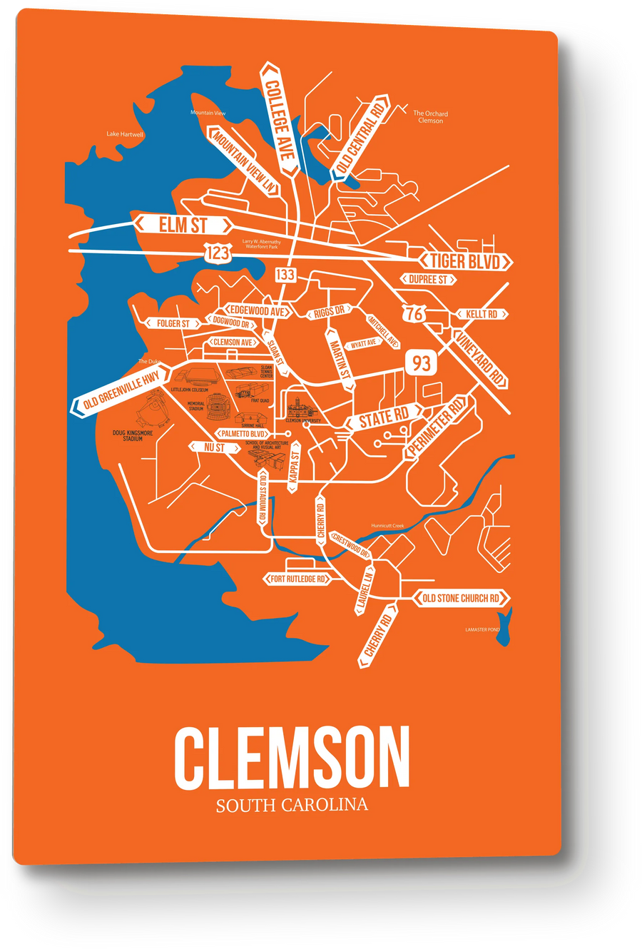 Clemson, South Carolina street map: the 12x18 metal plate on the wall, school colors