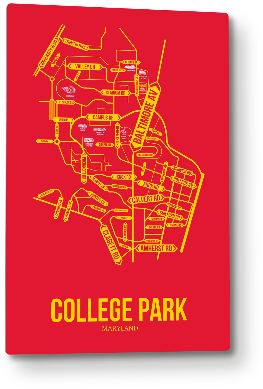 College Park, Maryland street map: the 12x18 metal plate on the wall, school colors