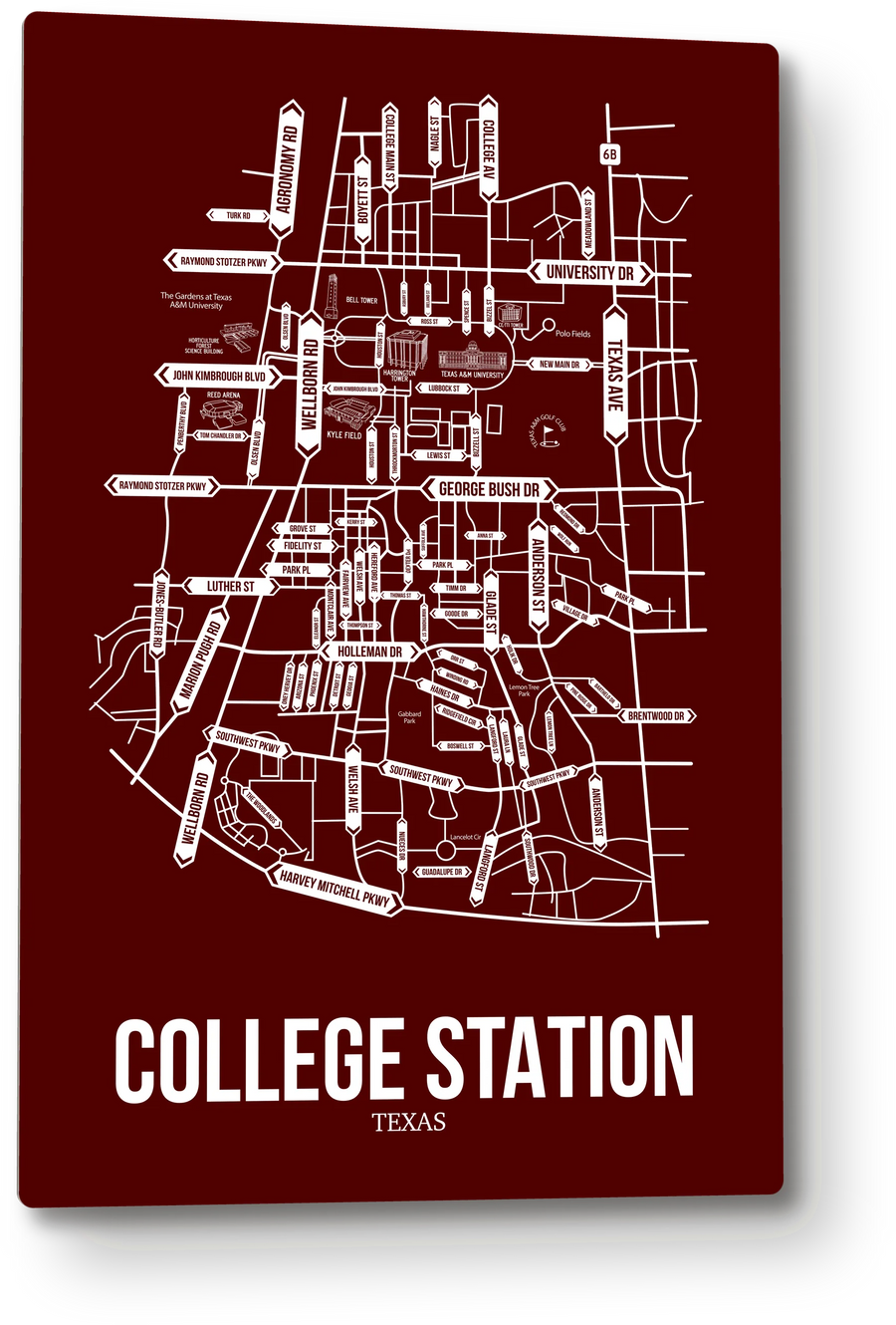 College Station, Texas street map: the 12x18 metal plate on the wall, school colors