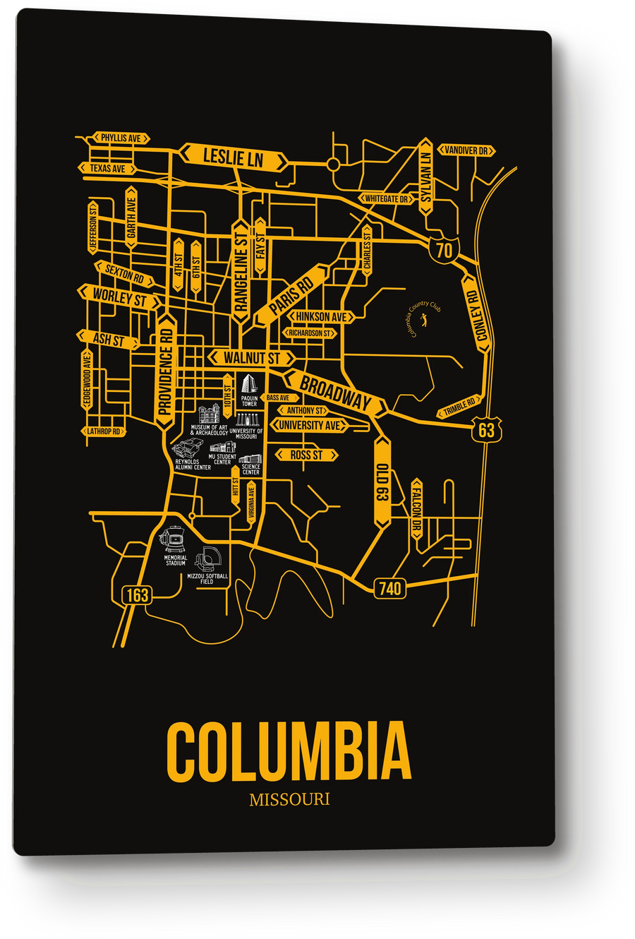 Columbia, Missouri street map: the 12x18 metal plate on the wall, school colors