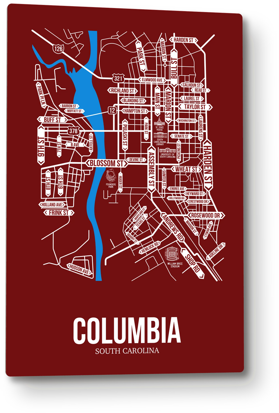 Columbia, South Carolina street map: the 12x18 metal plate on the wall, school colors