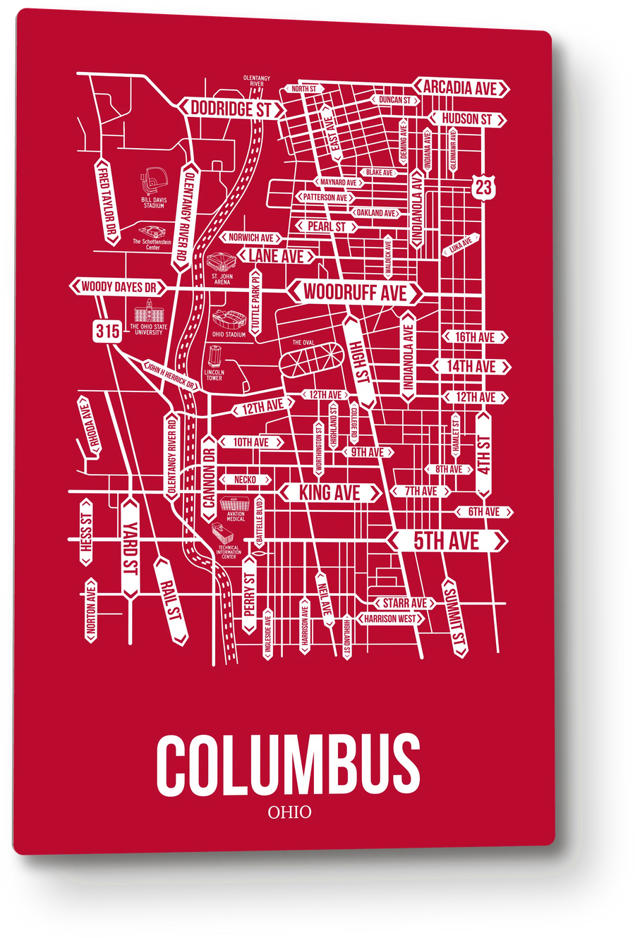 Columbus, Ohio street map: the 12x18 metal plate on the wall, school colors