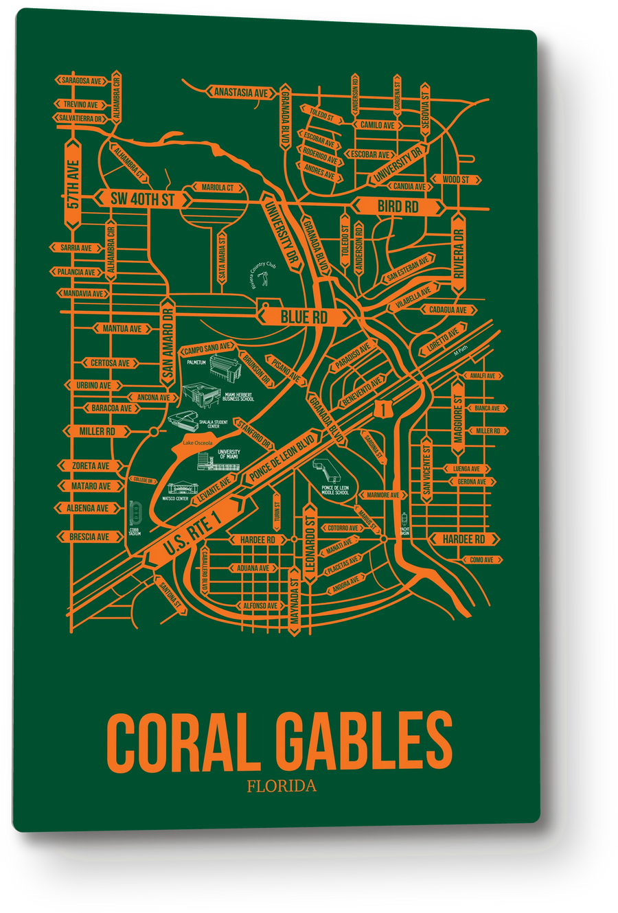 Coral Gables, Florida street map: the 12x18 metal plate on the wall, school colors