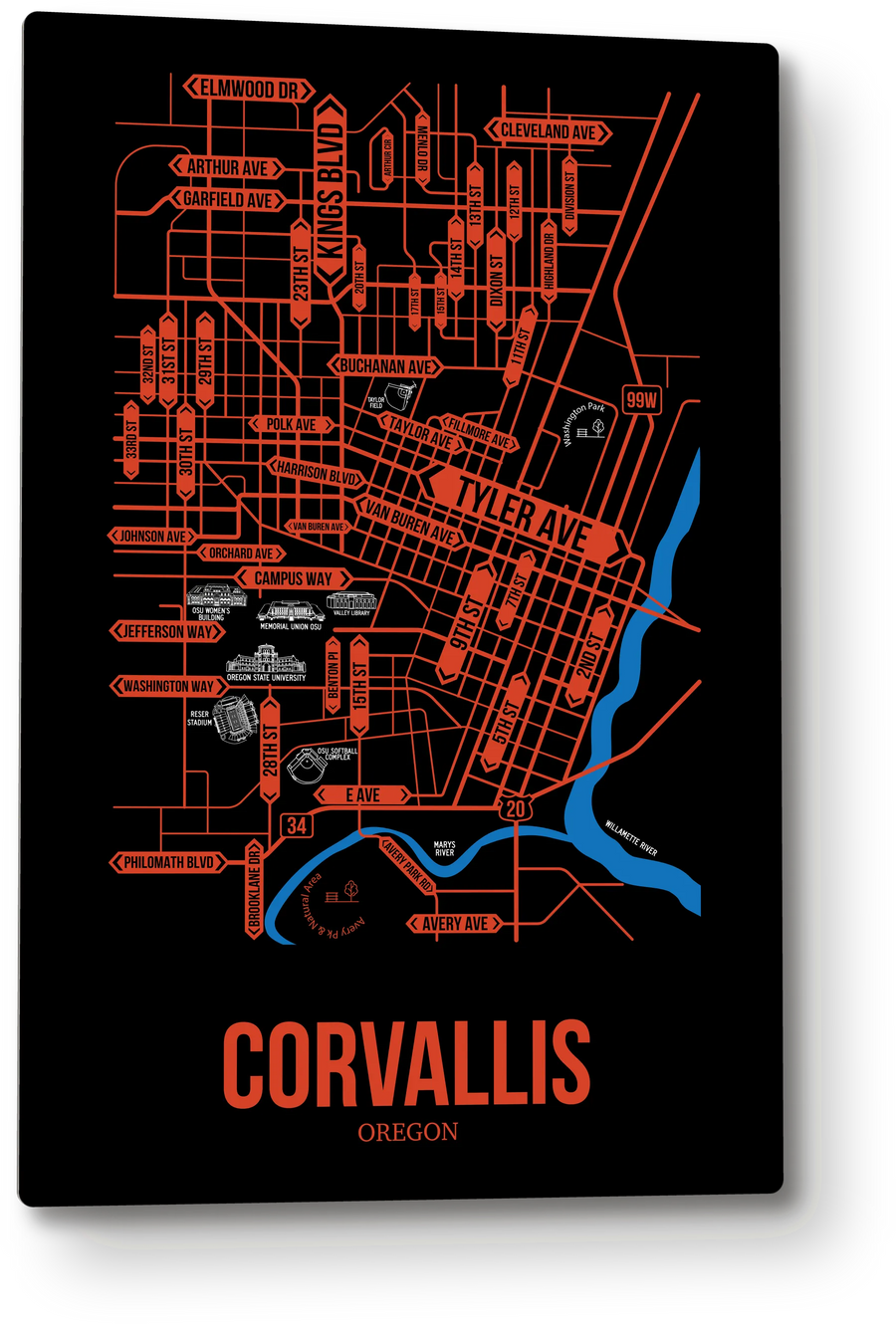 Corvallis, Oregon street map: the 12x18 metal plate on the wall, school colors