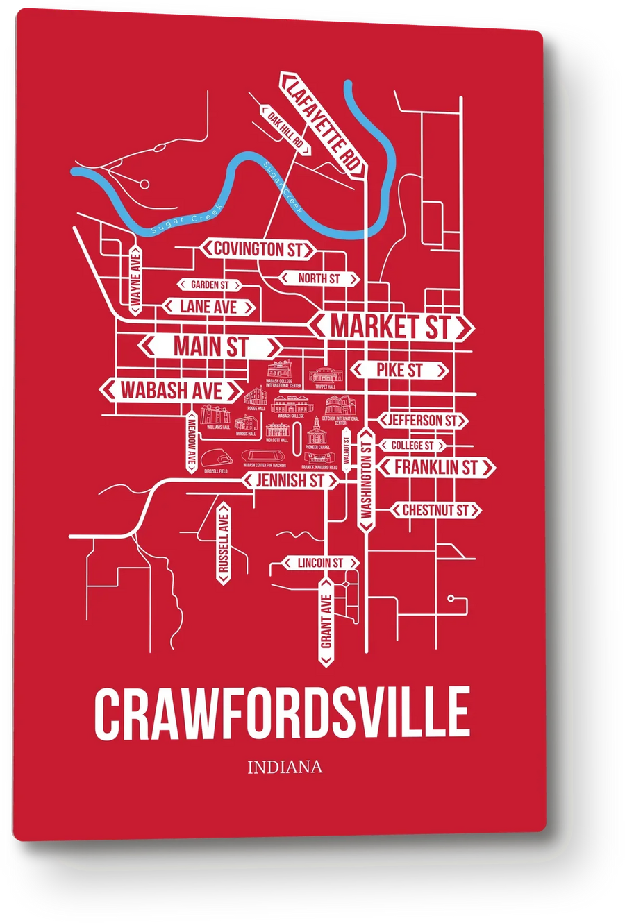 Crawfordsville, Indiana street map: the 12x18 metal plate on the wall, school colors