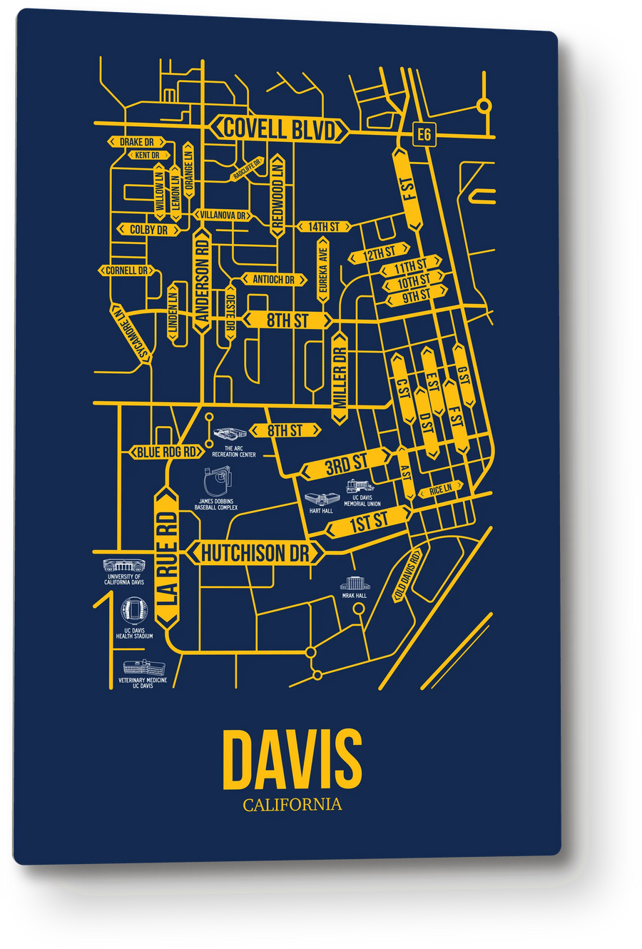 Davis, California street map: the 12x18 metal plate on the wall, school colors