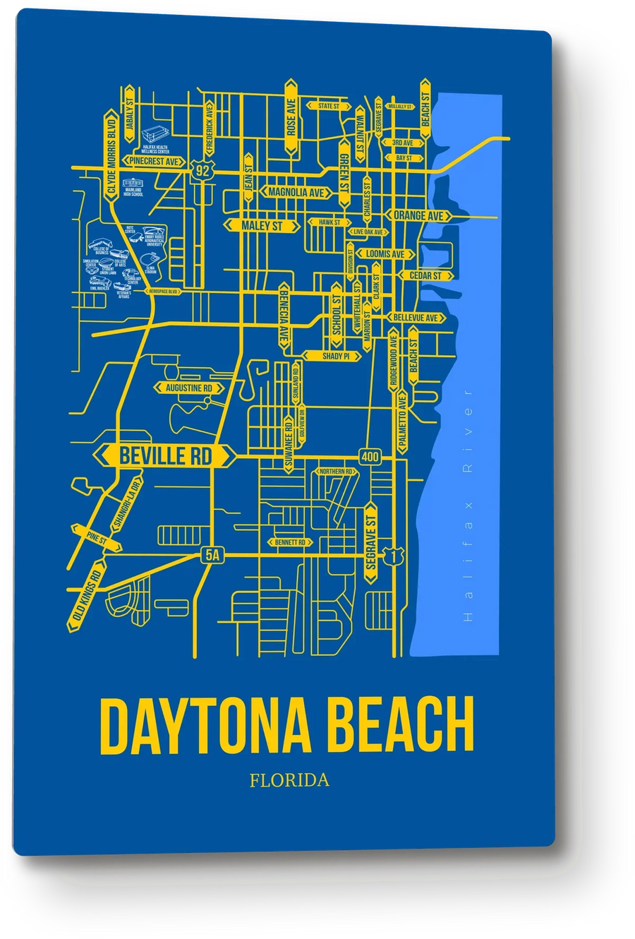 Daytona Beach, Florida street map: the 12x18 metal plate on the wall, school colors