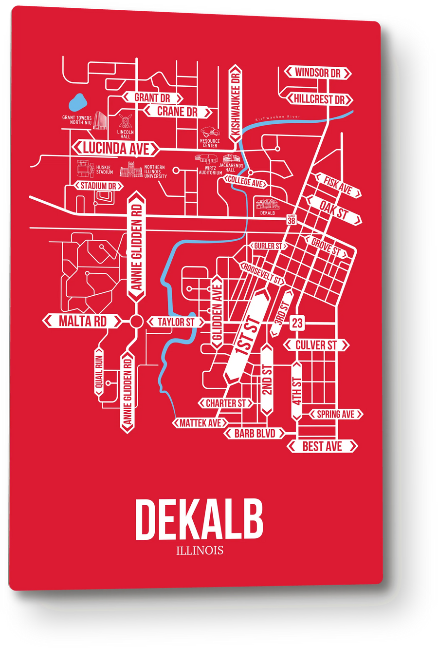 Dekalb, Illinois street map: the 12x18 metal plate on the wall, school colors