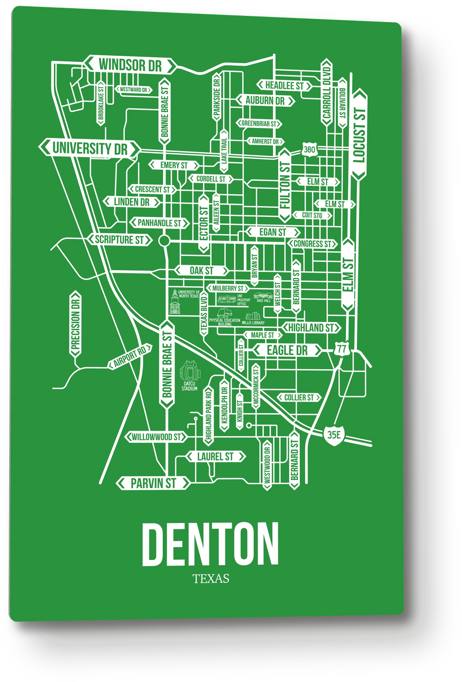 Denton, Texas street map: the 12x18 metal plate on the wall, school colors