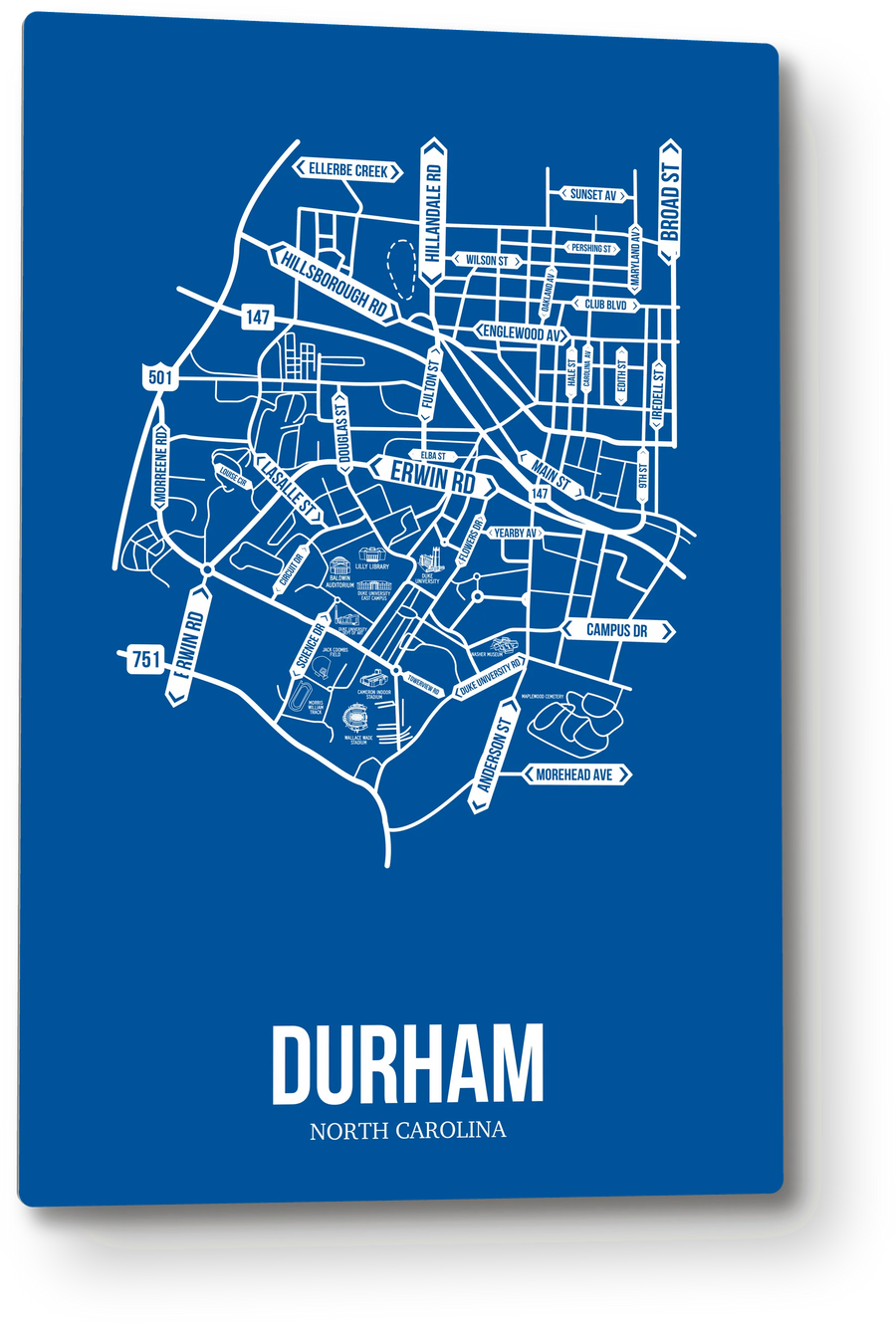 Durham, North Carolina street map: the 12x18 metal plate on the wall, school colors