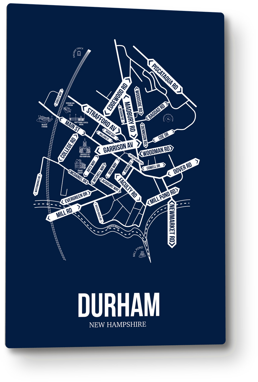 Durham, New Hampshire street map: the 12x18 metal plate on the wall, school colors